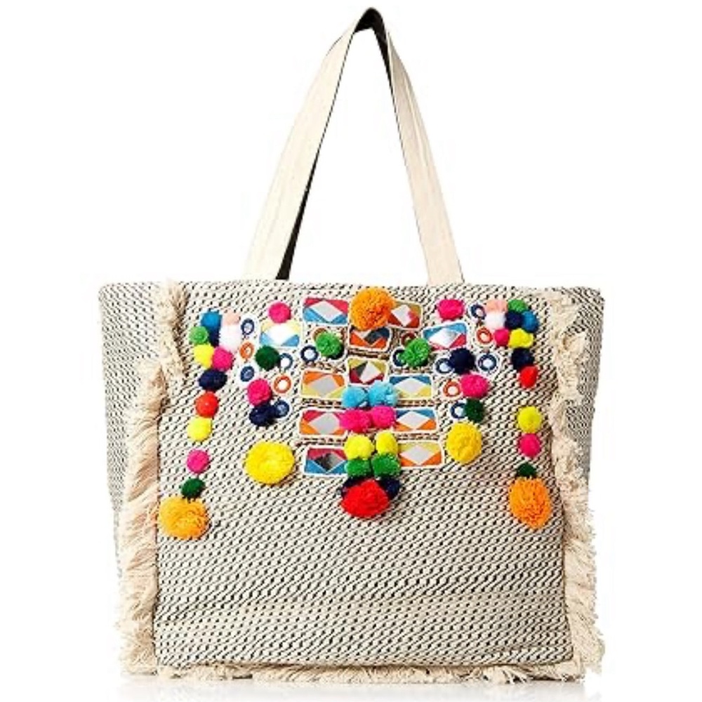 Circus Sam Edelman Large Boho Tote Bag Fringed Mirrored Embroidered Pom
Poms new